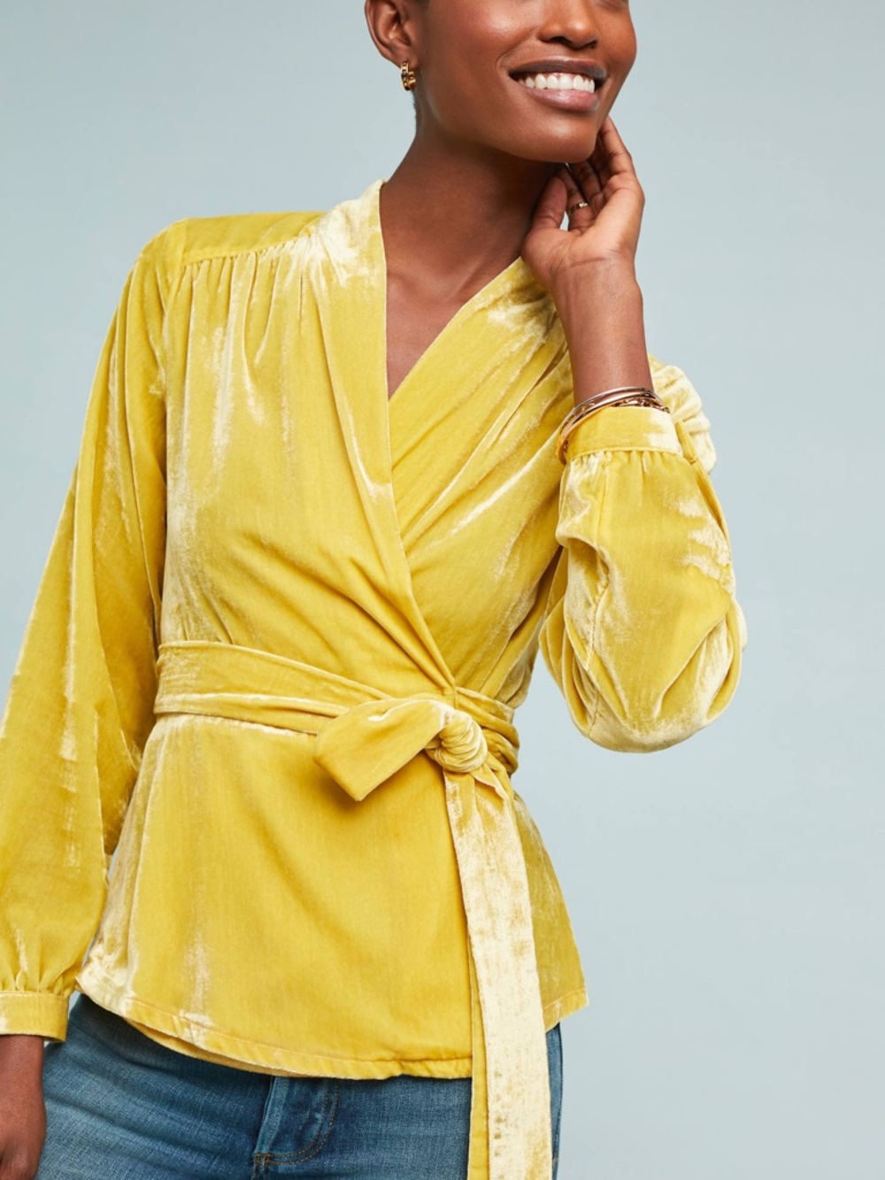 MOULINETTE SOEURS by Anthro Vivienne Yellow Velvet Wrap Top Size XS